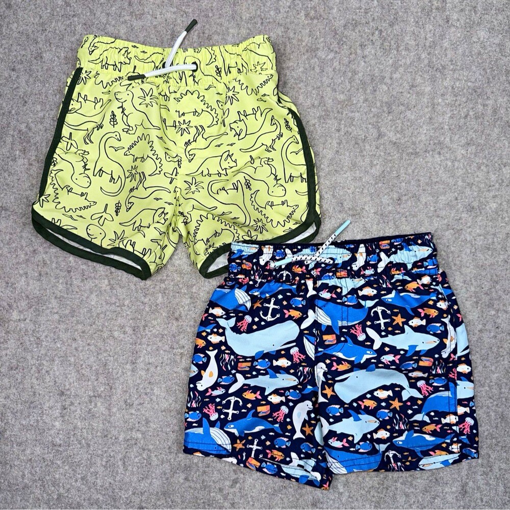 Cat & Jack Boys 2T Swim Shorts 2-Pack Dinosaur Sea Life Print Drawstring
